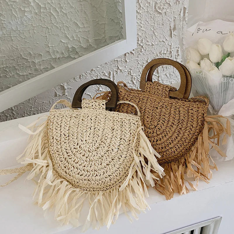 Handwoven Bohemian Straw Shopper Tote Bag