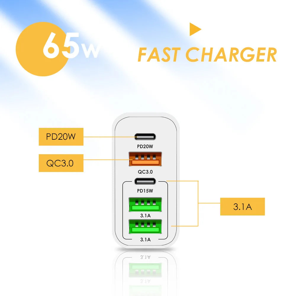65W 5-Port USB & USB-C Fast Wall Charger