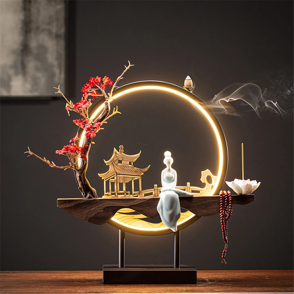 Ceramic Waterfall Incense Holder with LED Ring & Lotus Decor