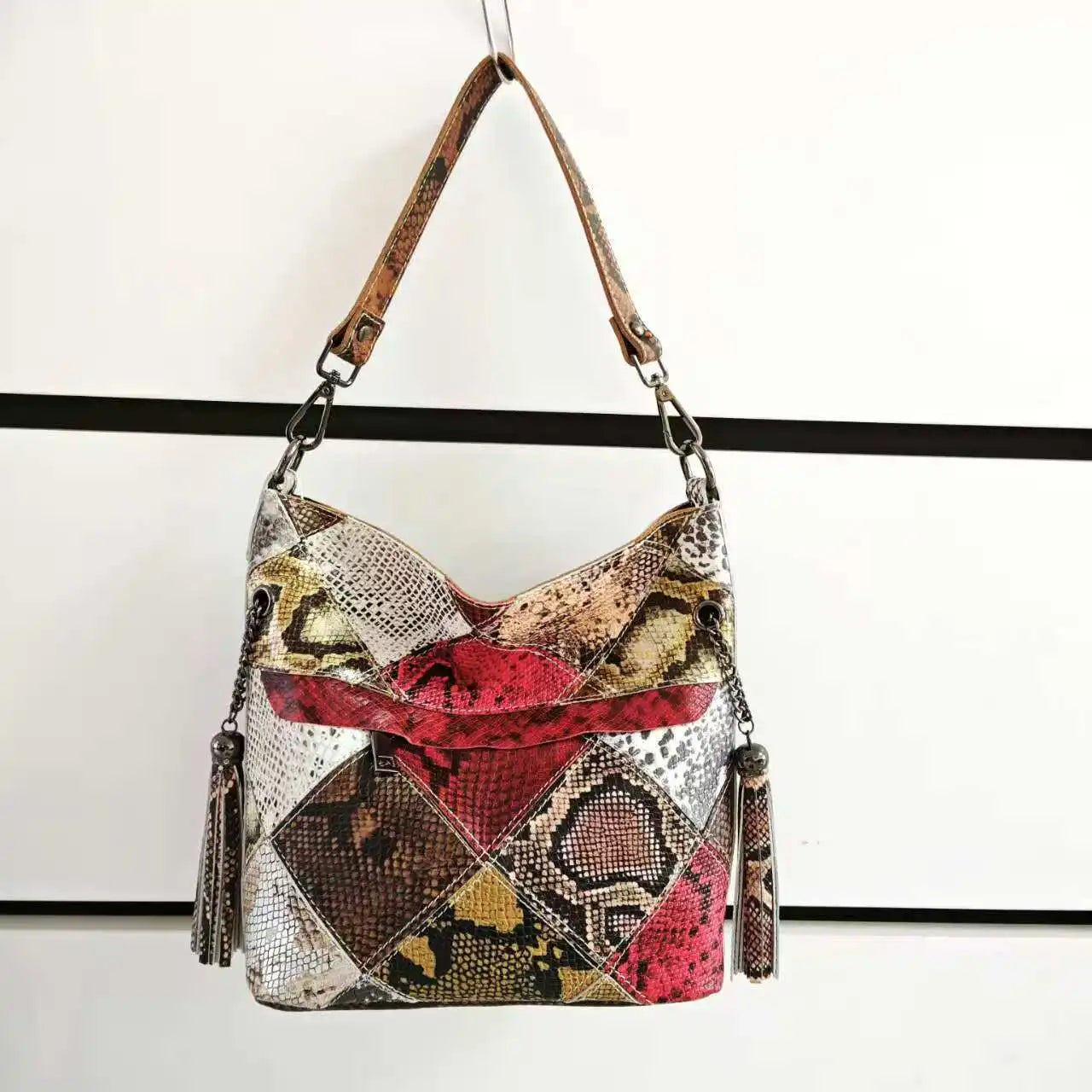 Designer Cow Leather Color Block Crossbody Bucket Handbag
