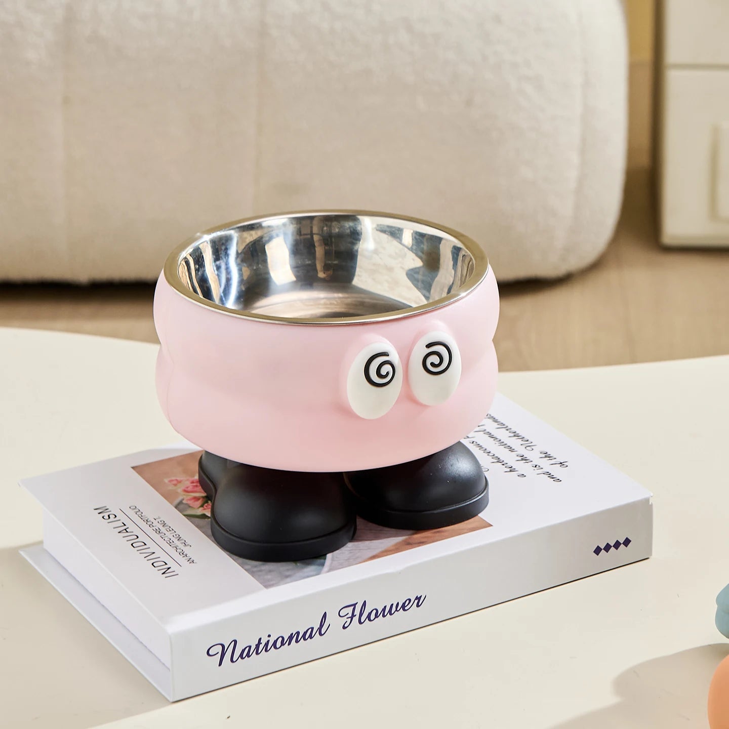 Elevated Stainless Steel Pet Bowl with Cartoon Design