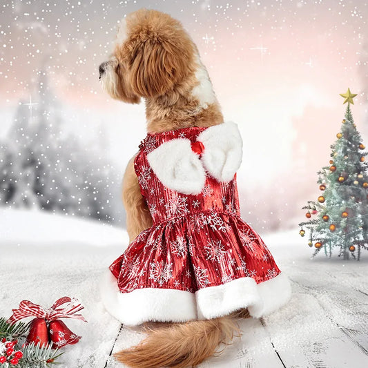 Christmas Dog Dress with Bow & Faux Fur Trim