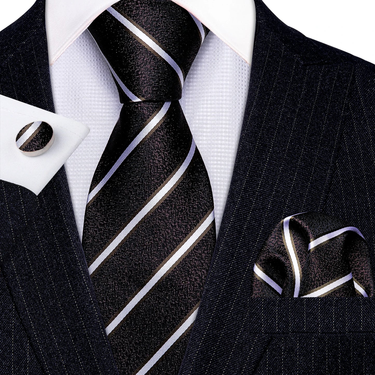 Barry Wang Jacquard Striped Silk Men's Tie Pocket Square Cufflinks Set