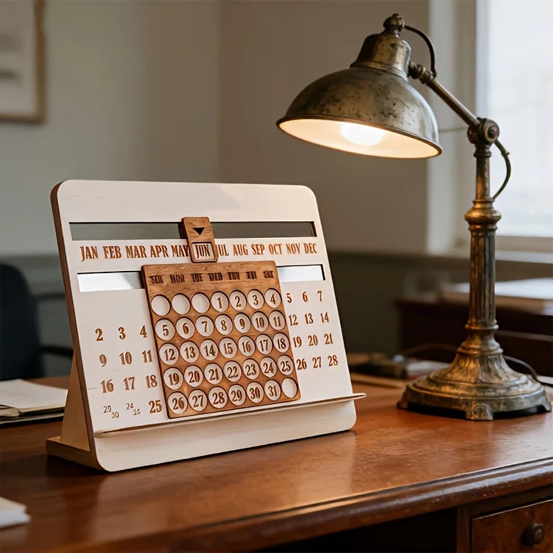 Wooden Perpetual Calendar Desk Organizer