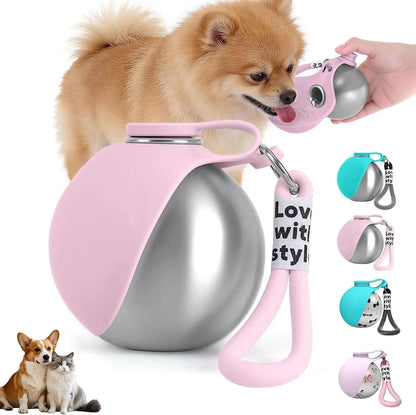 Portable Stainless Steel Dog Water Bottle with Collapsible Silicone Bowl