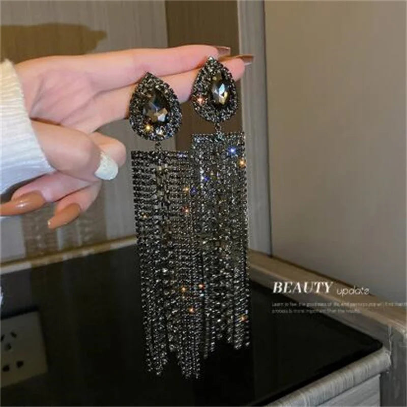 Water Drop Crystal Long Tassel Earrings