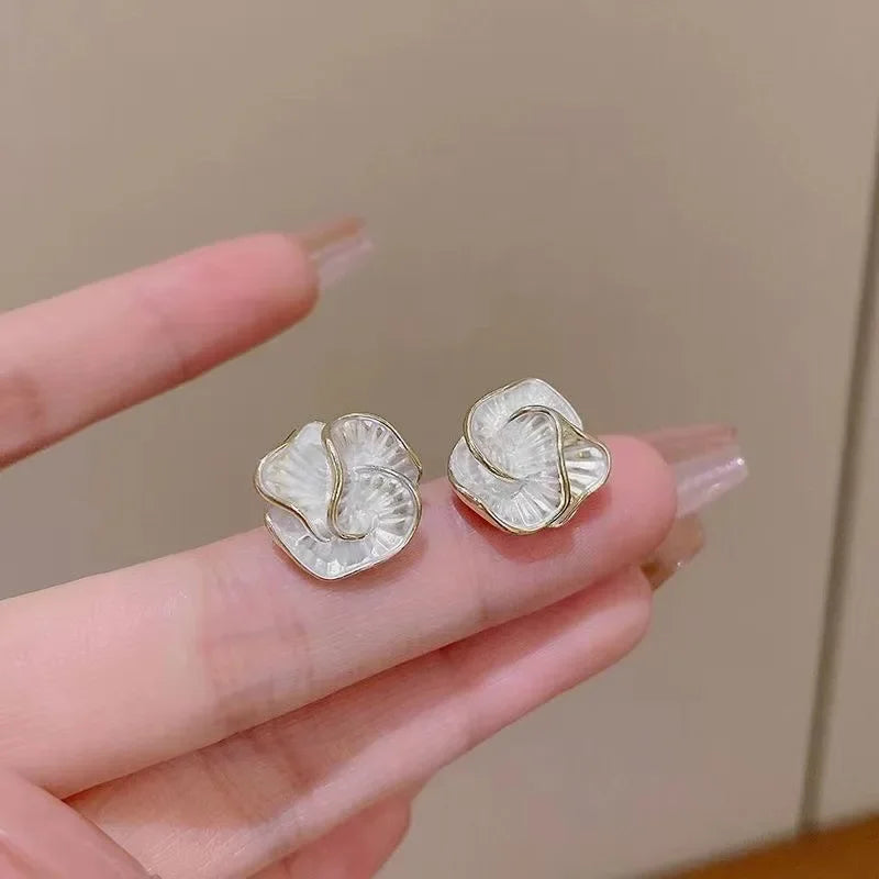 White Enamel  Camellia Stud Earrings