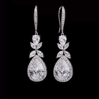 Zakol Elegant Shiny Cubic Zirconia Leaf Tassel Earrings