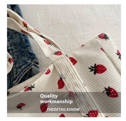 Corduroy Strawberry Print Tote Bag