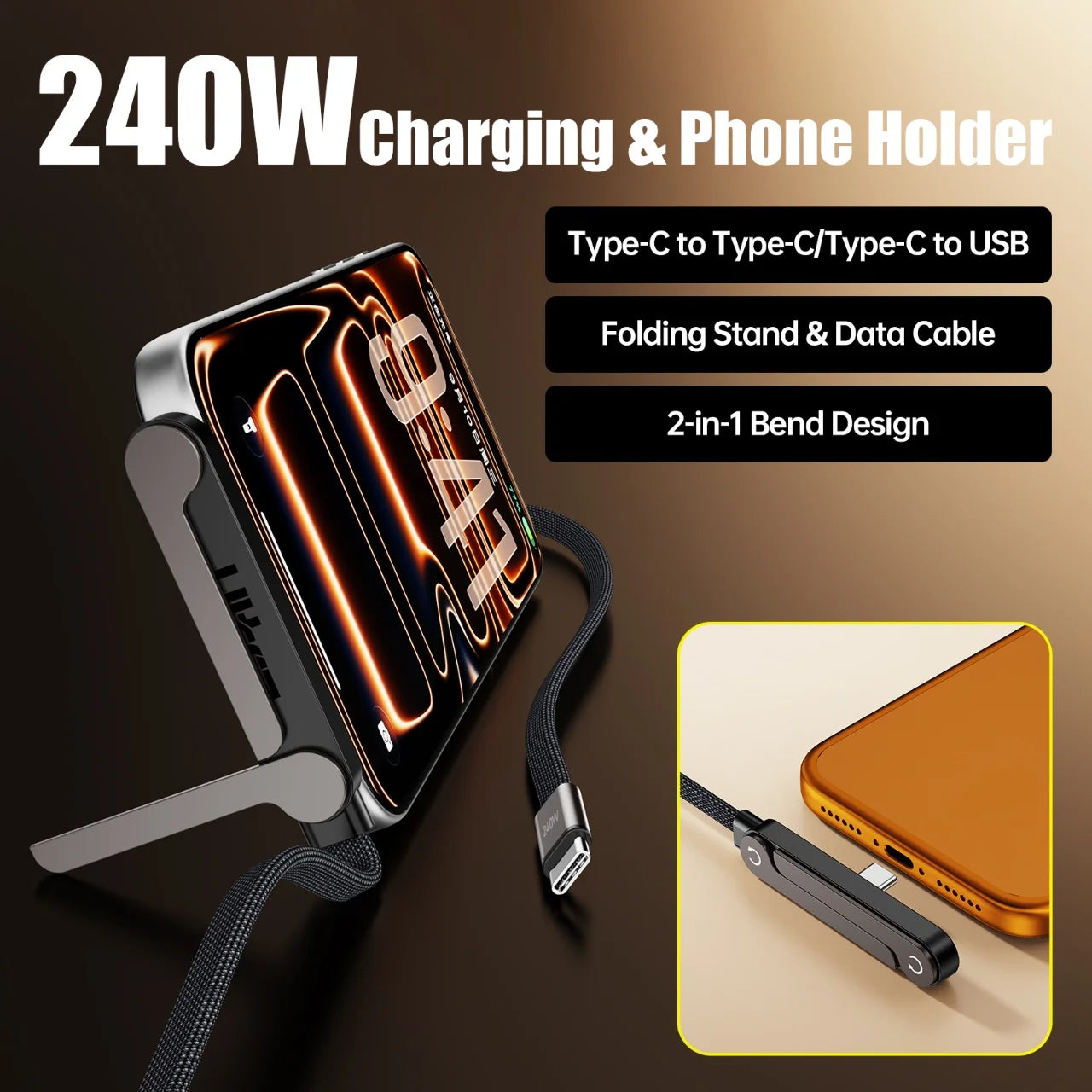 240W PD Fast Charging USB-C to USB-C Cable with Phone Stand