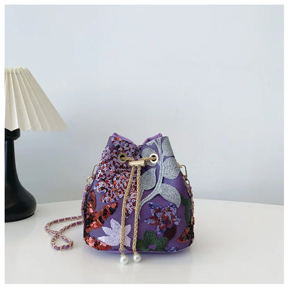 Floral Embroidered Bucket Crossbody Bag