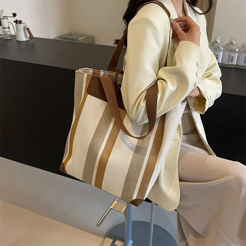 Striped Canvas Shoulder Tote Bag