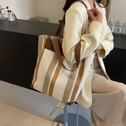 Striped Canvas Shoulder Tote Bag