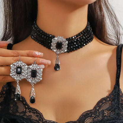 Multilayer Crystal Necklace & Geometric Earring Set
