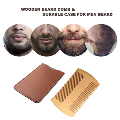Wood Beard & Hair Comb with Leather Case