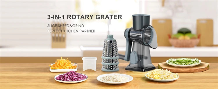 3-in-1 Rotary Cheese Grater & Vegetable Slicer with Stainless Steel Blades