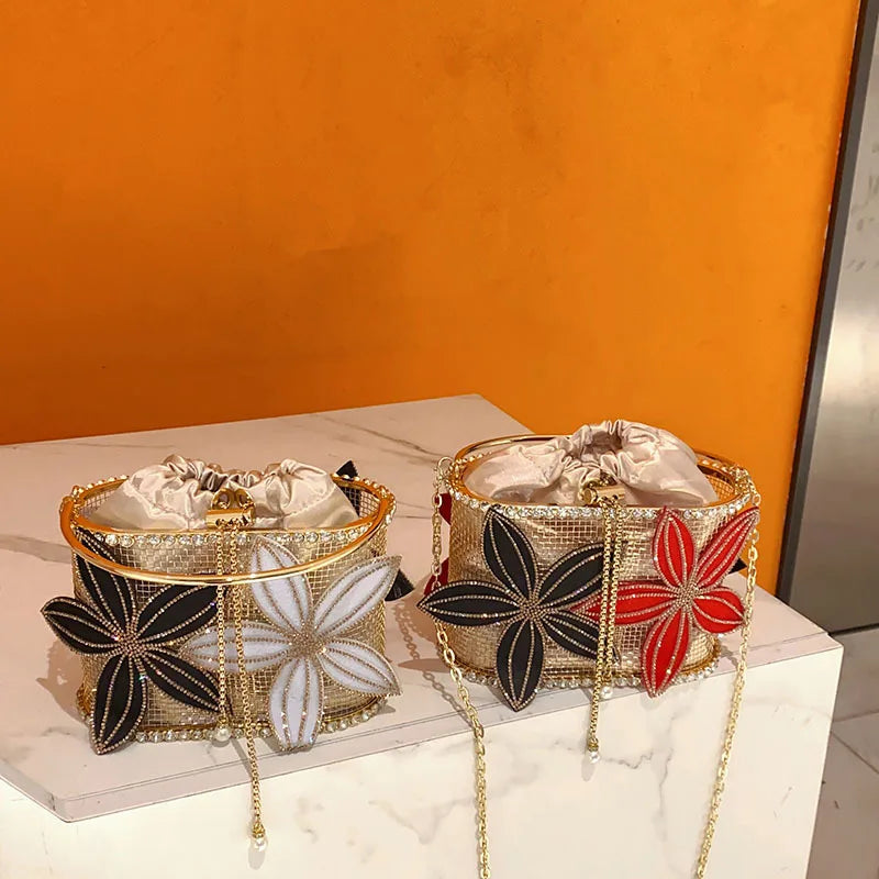 Handmade Floral Rhinestone Bucket Evening Bag
