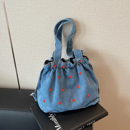 Embroidered Denim Drawstring Shoulder Tote Bag