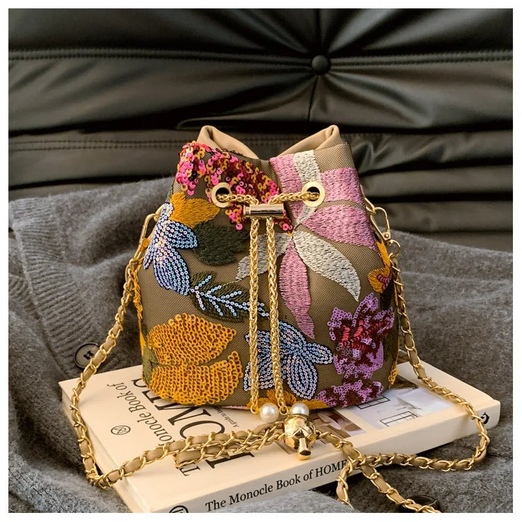 Floral Embroidered Bucket Crossbody Bag