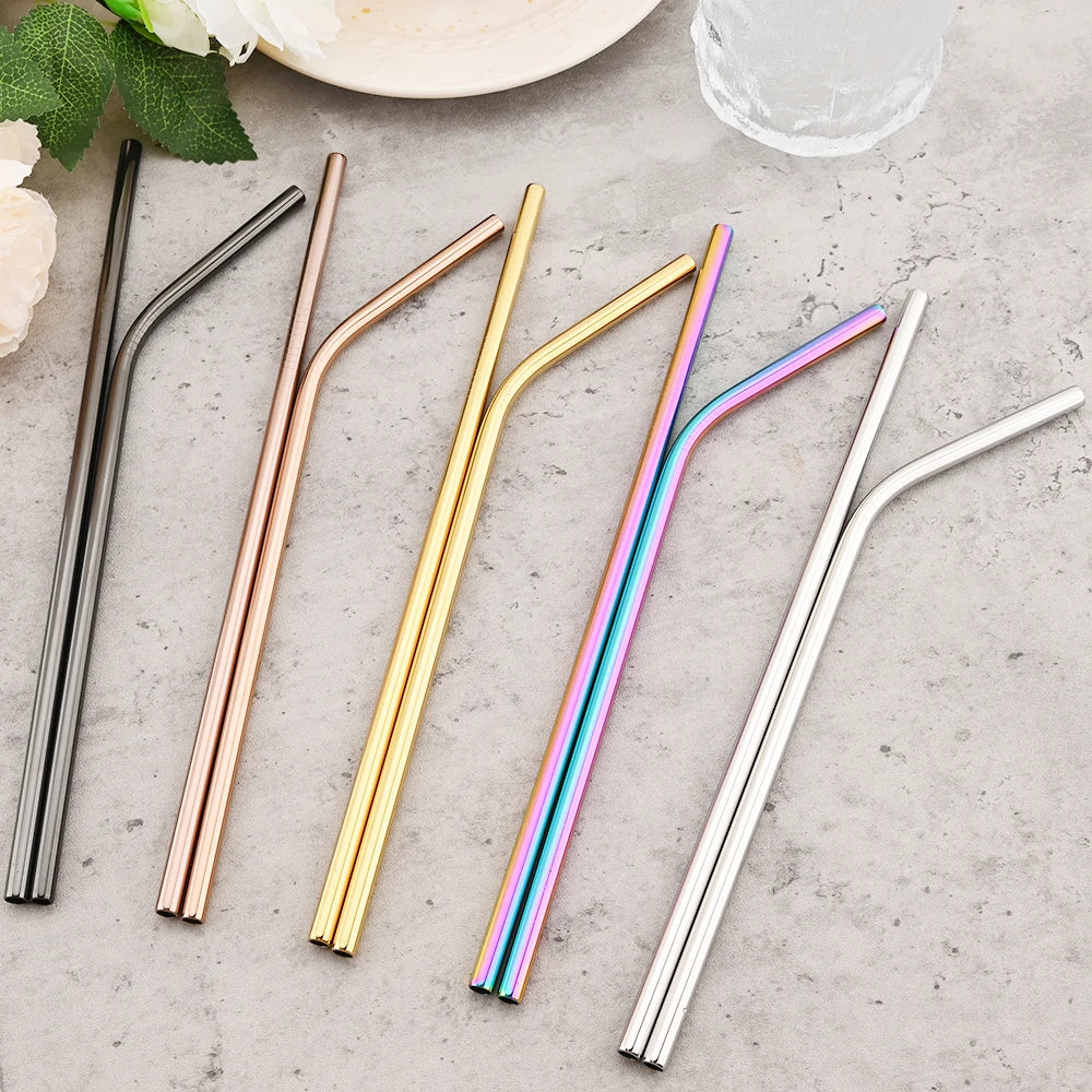 Reusable 304 Stainless Steel Metal Drinking Straws Set with Cleaning Brush