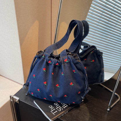 Embroidered Denim Drawstring Shoulder Tote Bag