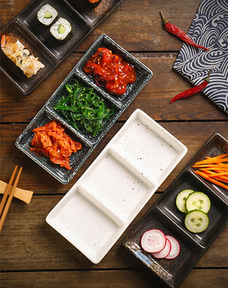 Japanese 3-Compartment Ceramic Sauce & Sushi Dish