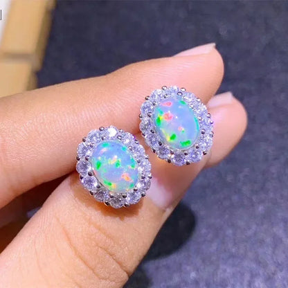 925 Sterling Silver Oval Opal Stud Earrings
