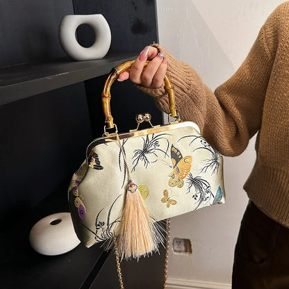 Luxury Embroidered Evening Handbag with Bamboo Handle