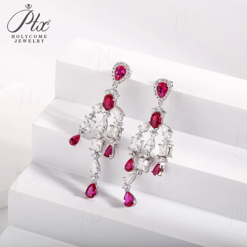 Vintage Moissanite Ruby Drop Earrings 925 Sterling Silver