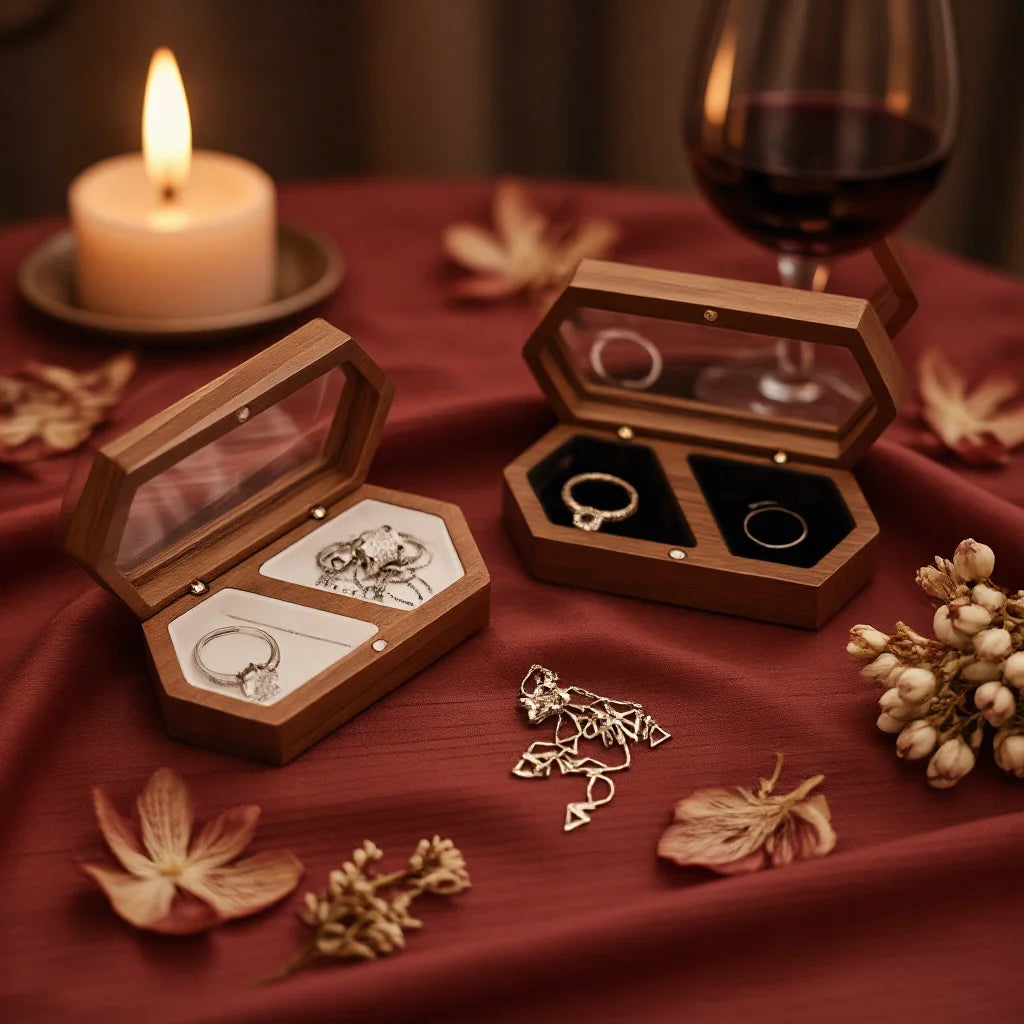 Personalized Wooden Double Ring Box with Clear Window