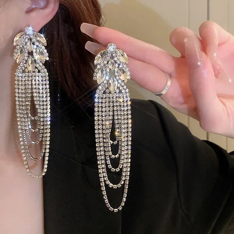 Geometric Crystal Long Tassel Earrings