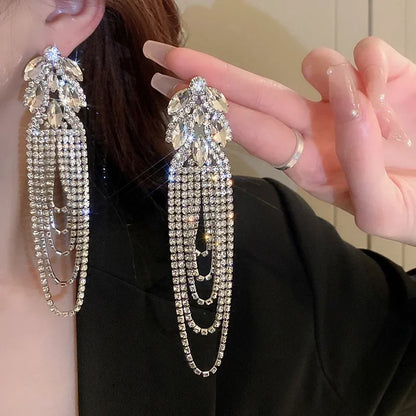 Geometric Crystal Long Tassel Earrings
