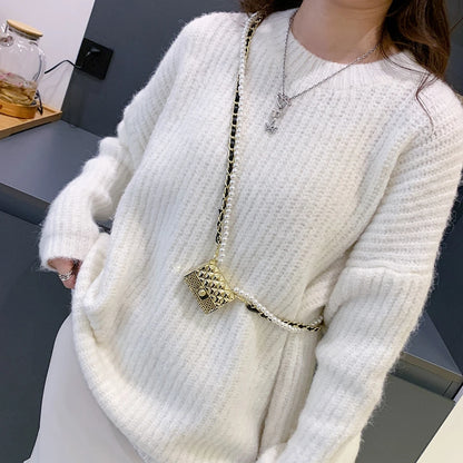 Mini Metallic Evening Box Bag with Pearl Chain