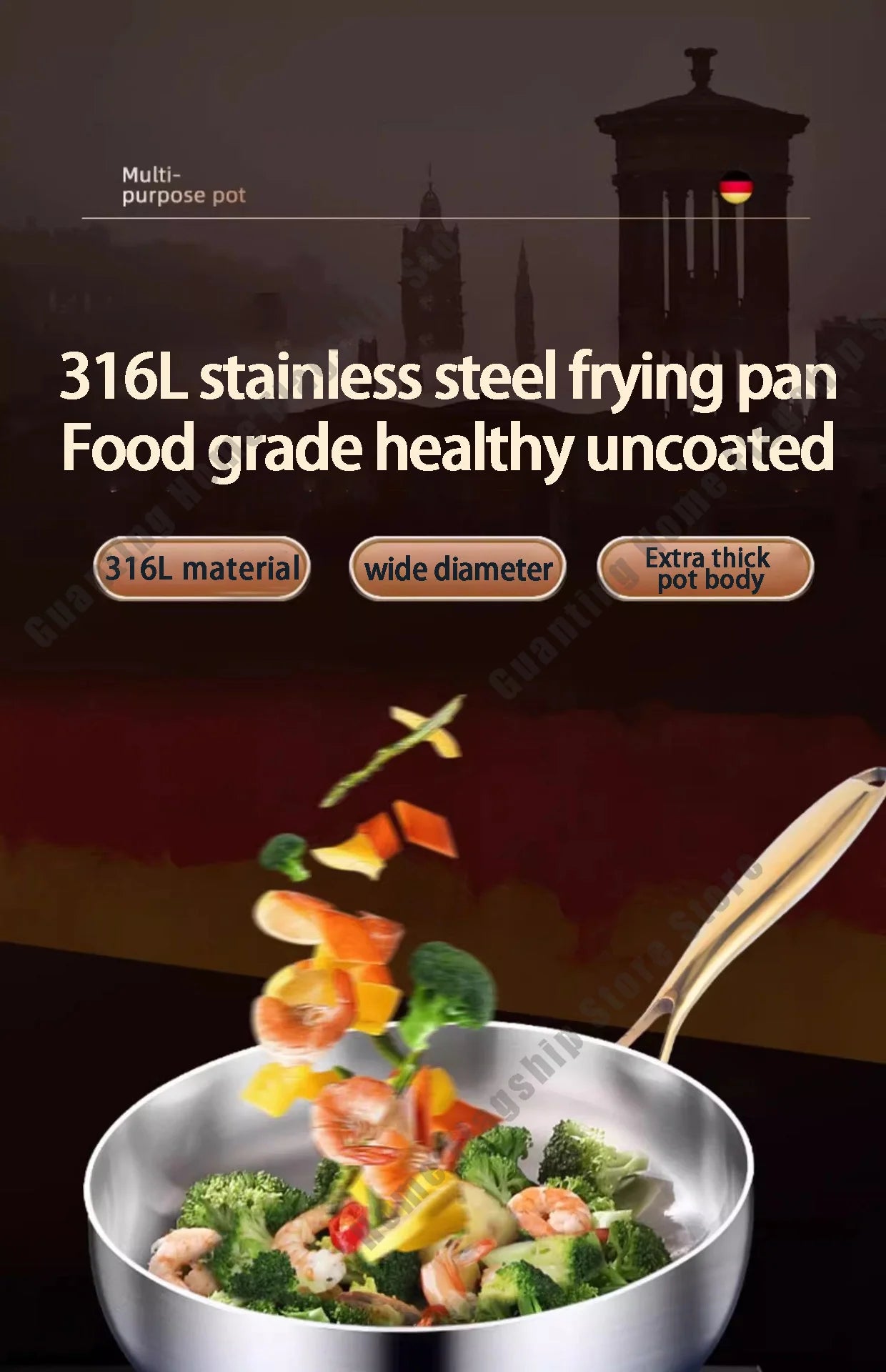 316 Stainless Steel Deep Frying Pan / Wok Skillet