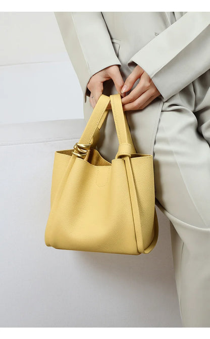 Genuine Leather Yellow Bucket Tote Bag for Women