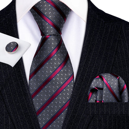 Barry Wang Jacquard Striped Silk Men's Tie Pocket Square Cufflinks Set