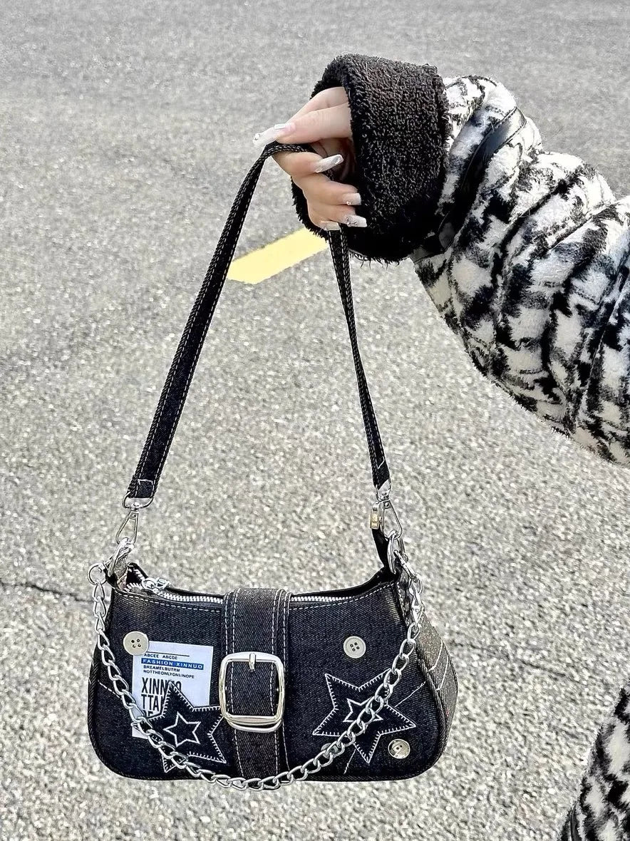 Denim Canvas Shoulder Bag with Chain Strap