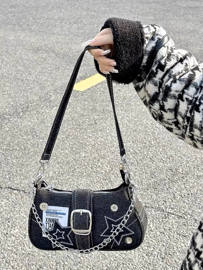 Denim Canvas Shoulder Bag with Chain Strap