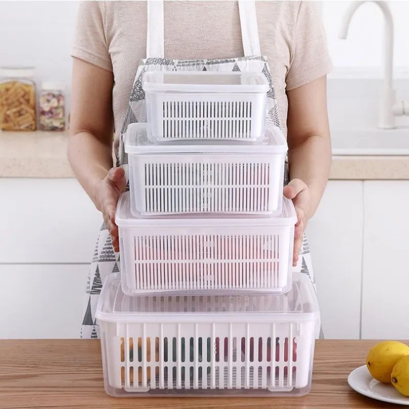 Refrigerator Storage Container with Drain Basket & Lid