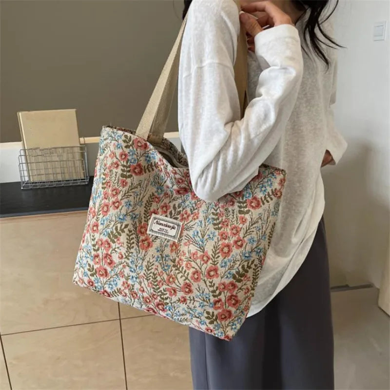 Embroidered Floral Canvas Tote Bag