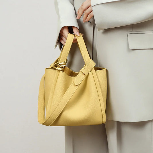 Genuine Leather Yellow Bucket Tote Bag for Women