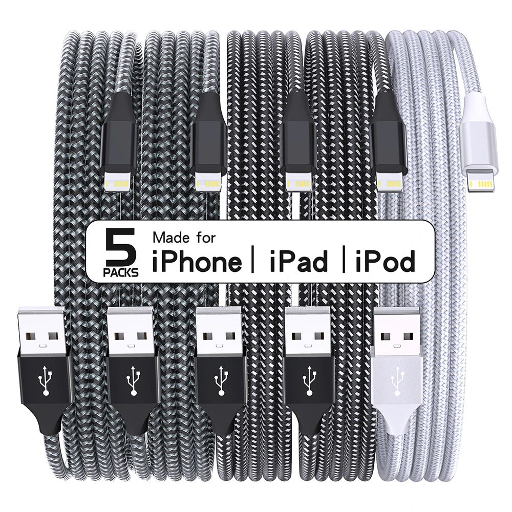 5-Pack Braided USB to Lightning Charging Cables