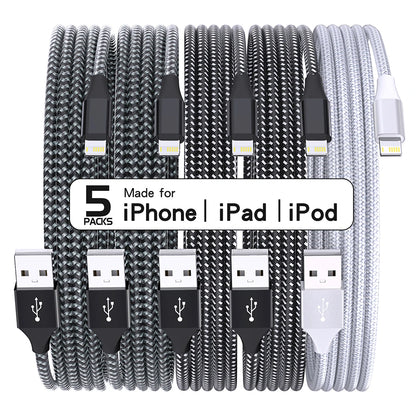 5-Pack Braided USB to Lightning Charging Cables