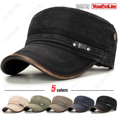 Washed Cotton Military Flat Cap with Leather Brim