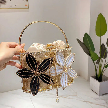 Handmade Floral Rhinestone Bucket Evening Bag