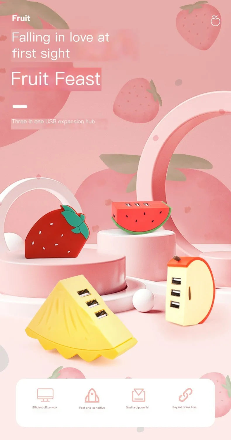 3-Port USB 2.0 Expansion Hub – Cartoon Fruit Design
