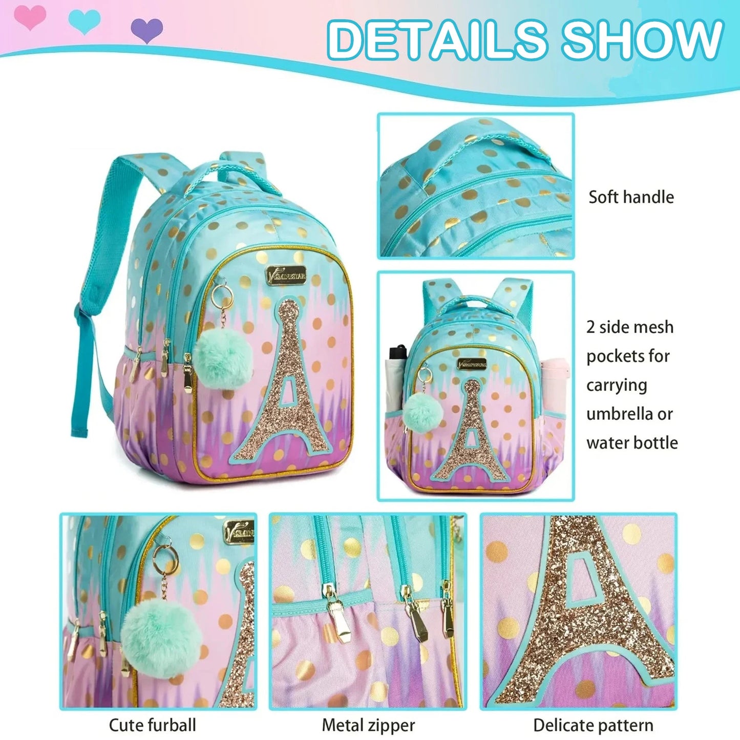Girls 3-Piece School Backpack Set with Lunch Bag & Pencil Case