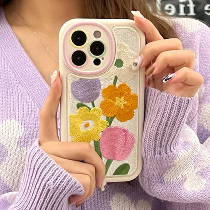 Embroidery Tulip Flowers Phone Mobile Phone Case For iPhone 14 13 12 11 Pro Max 15 Pro