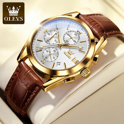 OLEVS 2872 Men's Leather Quartz Watch with Date & Luminous Dial