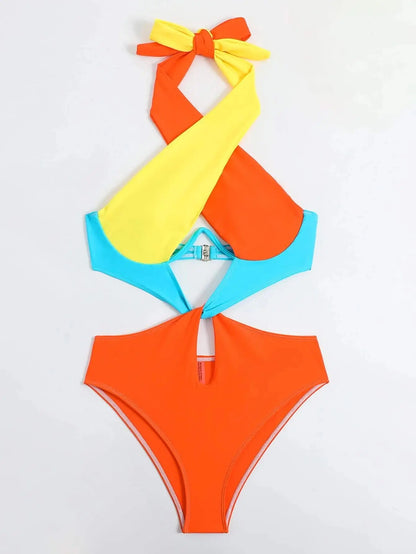 Cikini-Colorblock Cut Out Tie Back Underwire Swimsuit